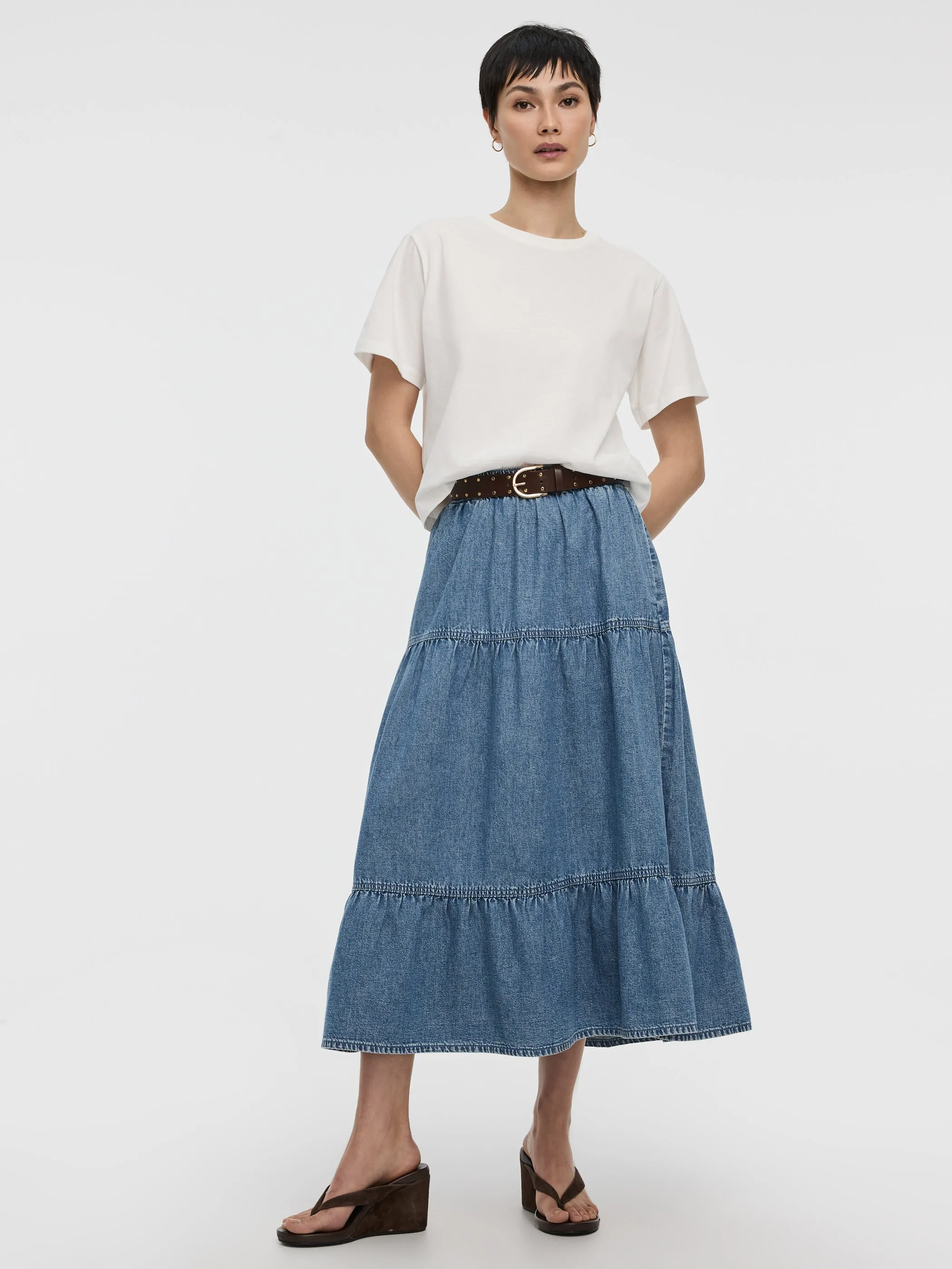 Pull-On Tiered Denim Midi Skirt sold by Reitmans
