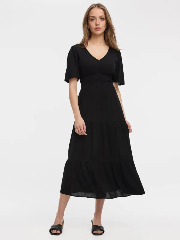 Short-Flutter-Sleeve V-Neck Tiered Midi Dress made by Reitmans