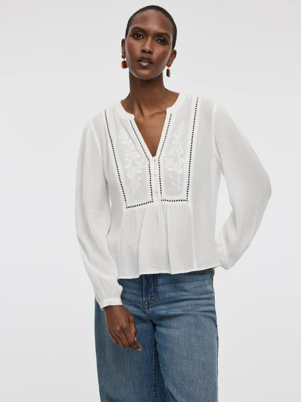 Long-Sleeve Split-Neck Blouse with Embroideries made by Reitmans