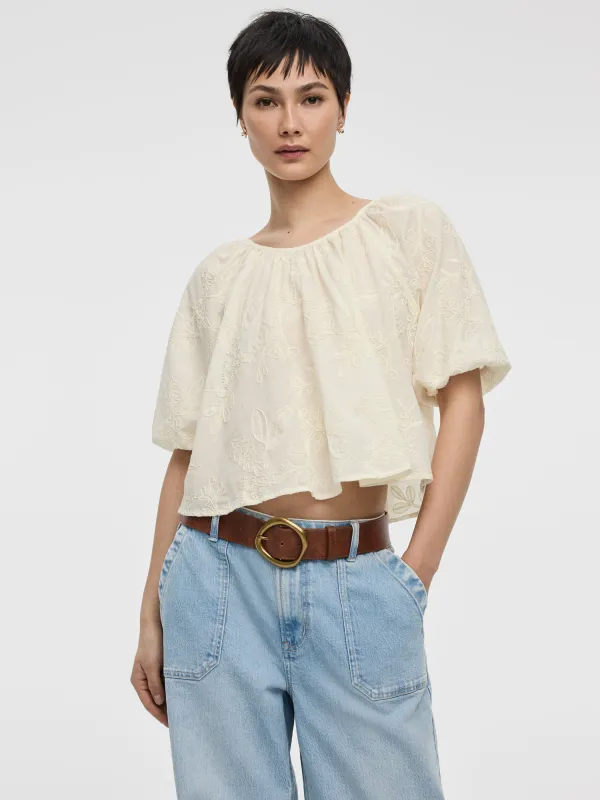 Elbow-Sleeve Scoop-Neck Eyelet Blouse made by Reitmans