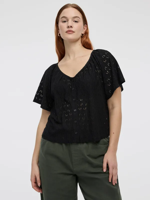 Short-Flutter-Sleeve V-Neck Buttoned-Down Blouse made by Reitmans