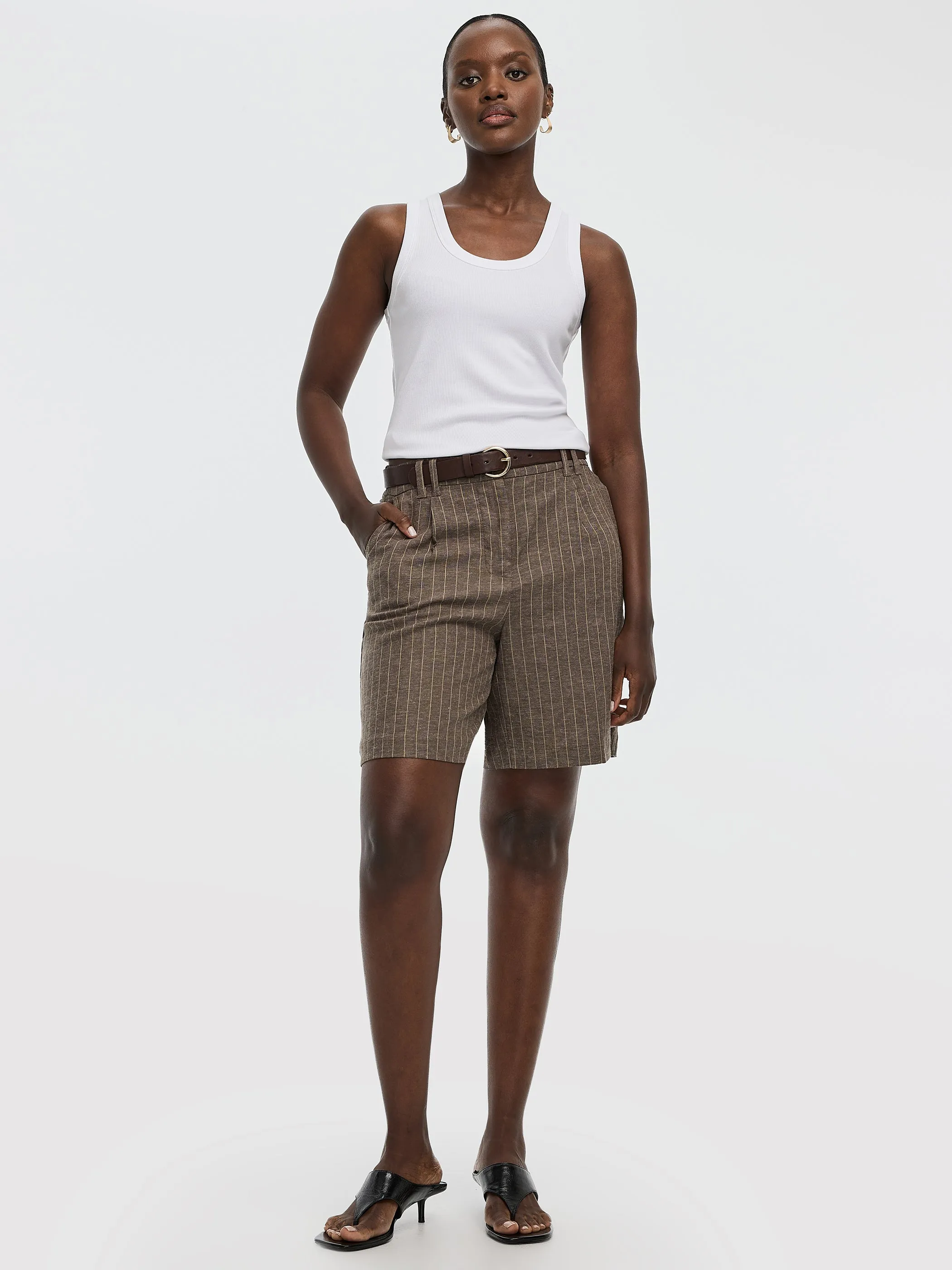 Striped Linen-Blend High-Rise Bermuda sold by Reitmans