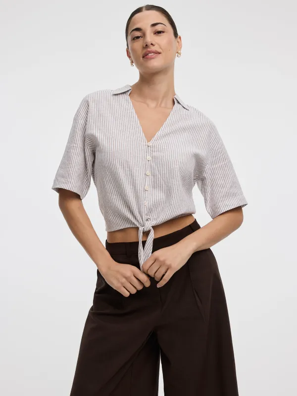 Striped Short-Sleeve V-Neck Blouse with Self-Tie Closure made by Reitmans