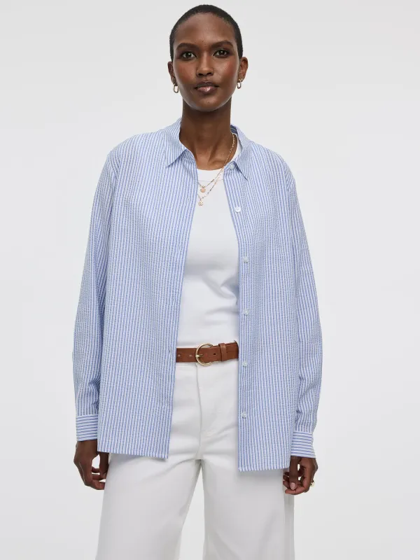 Long-Sleeve Buttoned-Down Seersucker Blouse made by Reitmans
