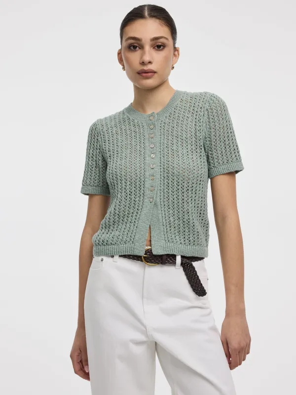 Short-Sleeve Crew-Neck Cardigan with Pointelle Stitches made by Reitmans