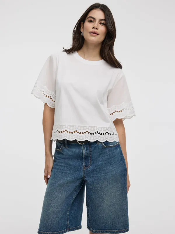 Short-Sleeve Mix-Media Top with Embroidered Trims made by Reitmans