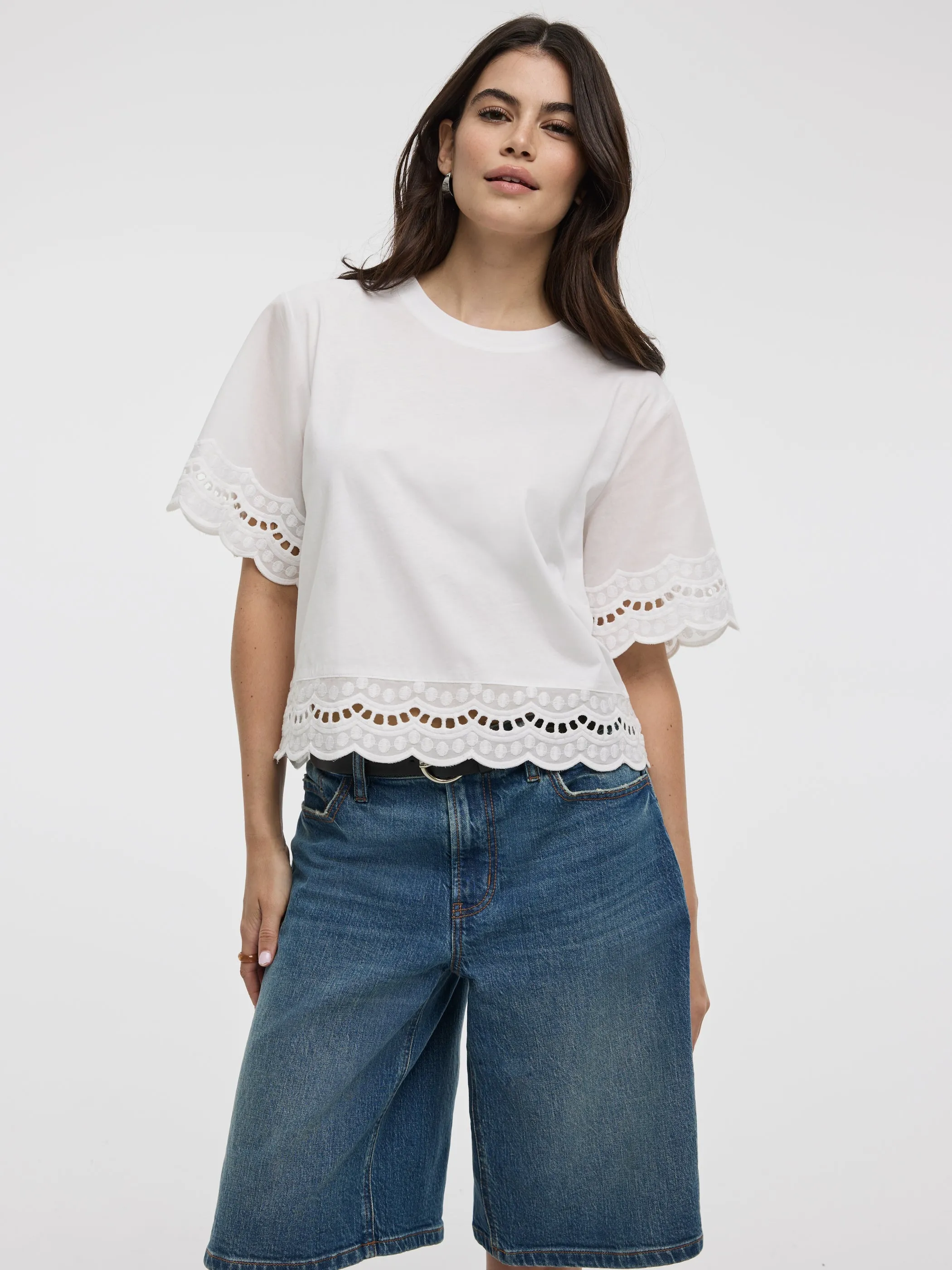 Short-Sleeve Mix-Media Top with Embroidered Trims sold by Reitmans