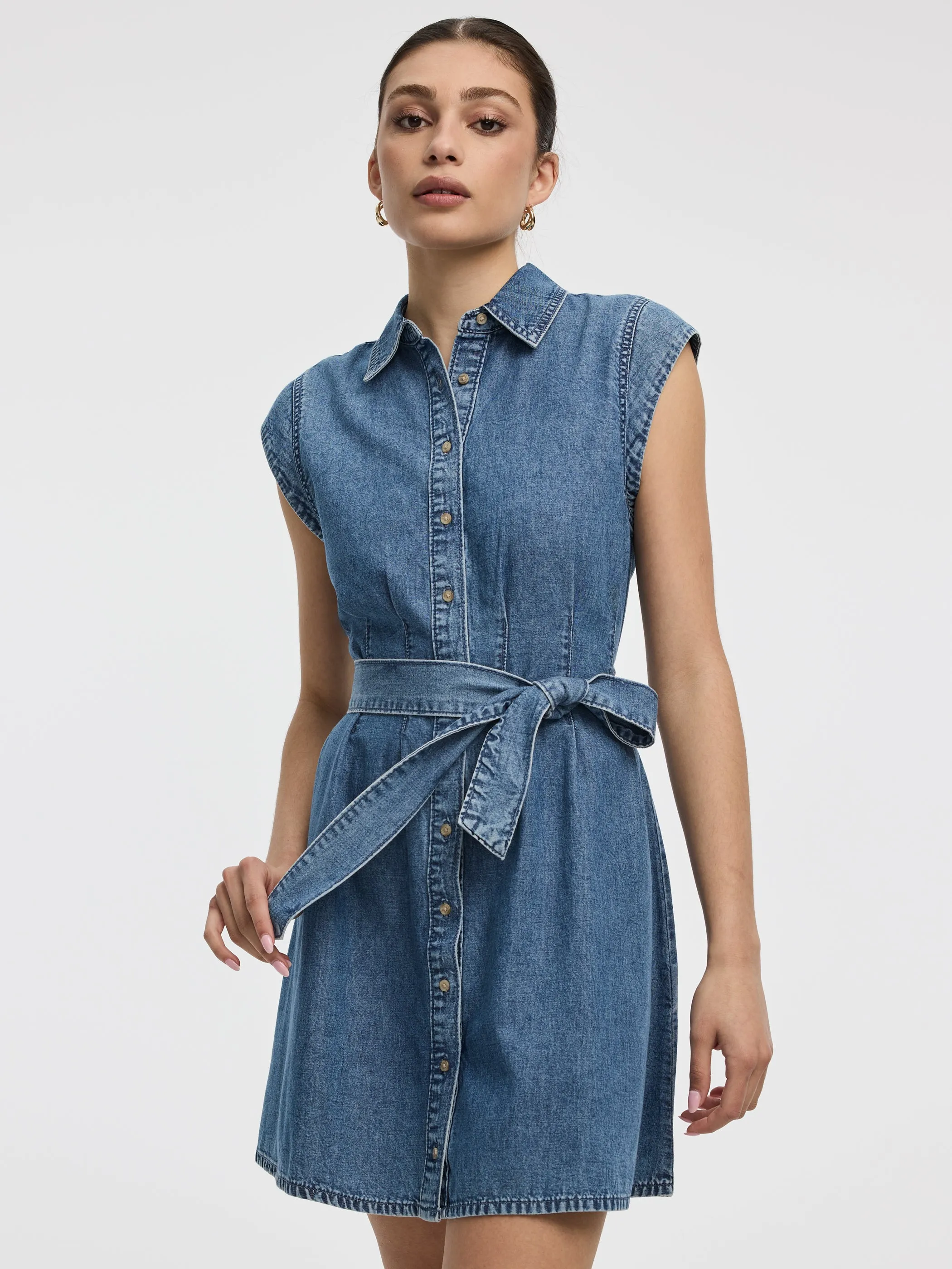 Cap-Sleeve Belted Denim Shirtdress sold by Reitmans product image thumbnail 4