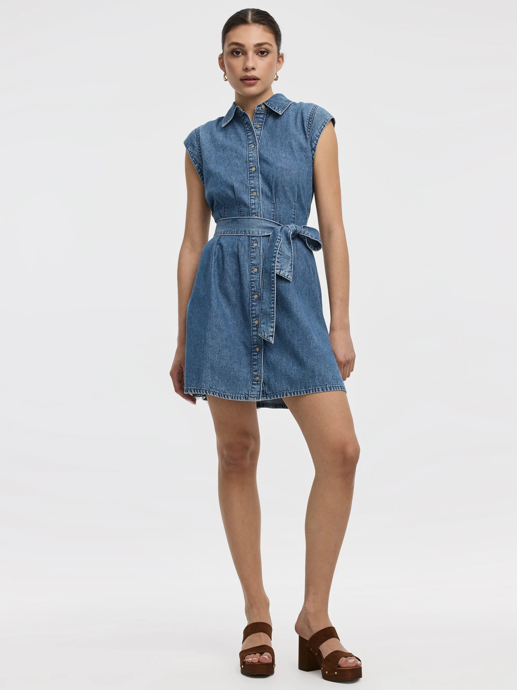 Cap-Sleeve Belted Denim Shirtdress sold by Reitmans