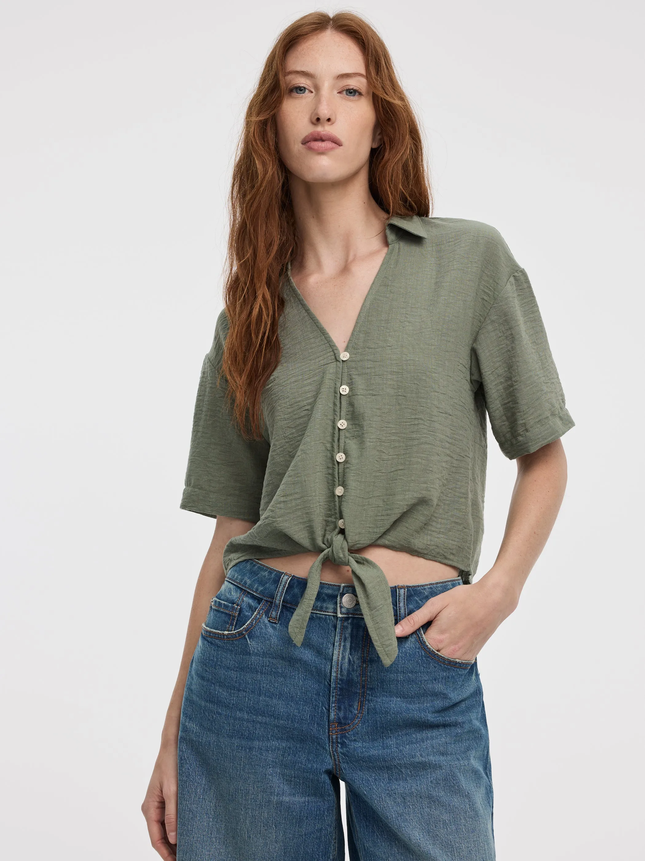Short-Sleeve V-Neck Blouse with Self-Tie Closure sold by Reitmans product image thumbnail 5