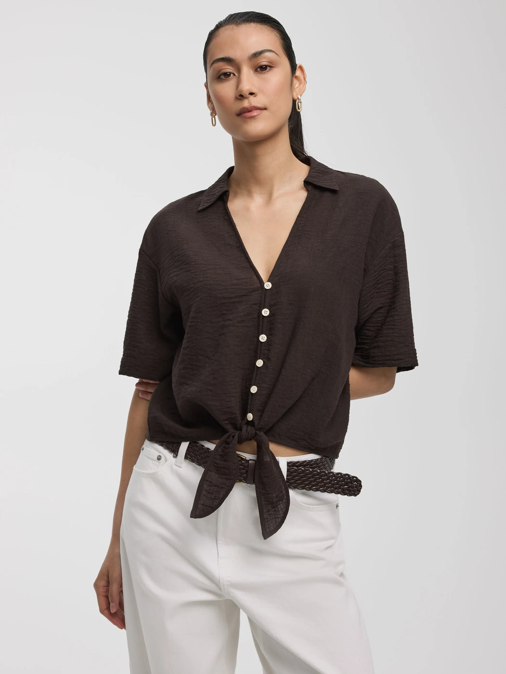 Short-Sleeve V-Neck Blouse with Self-Tie Closure sold by Reitmans