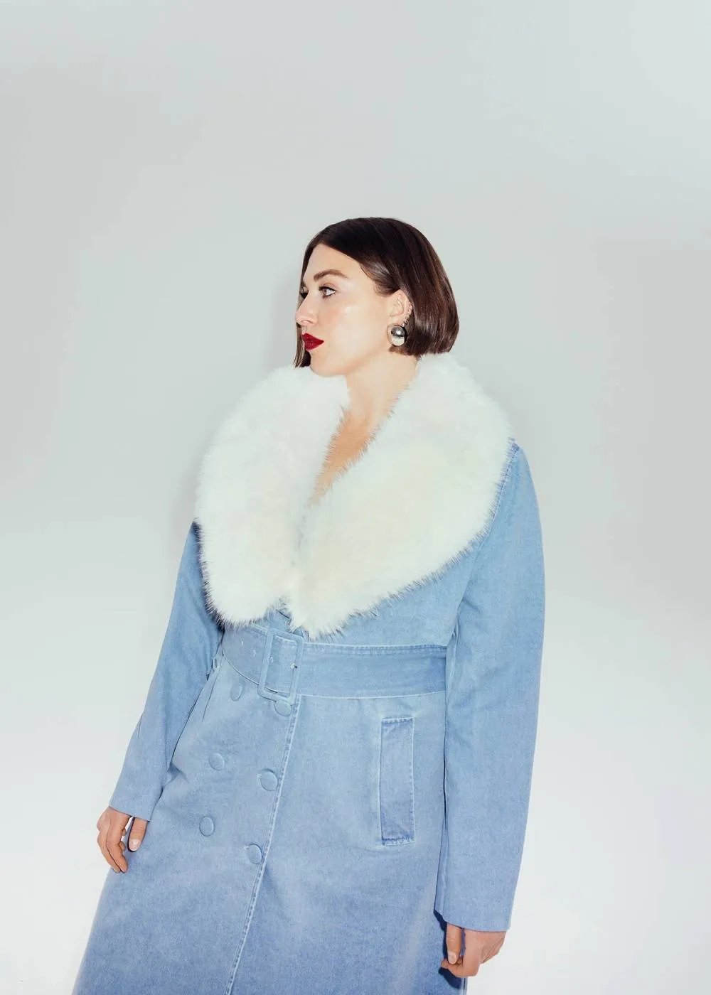 Hilary MacMillan- Light wash Denim Trench With Faux Fur Collar sold by Reitmans