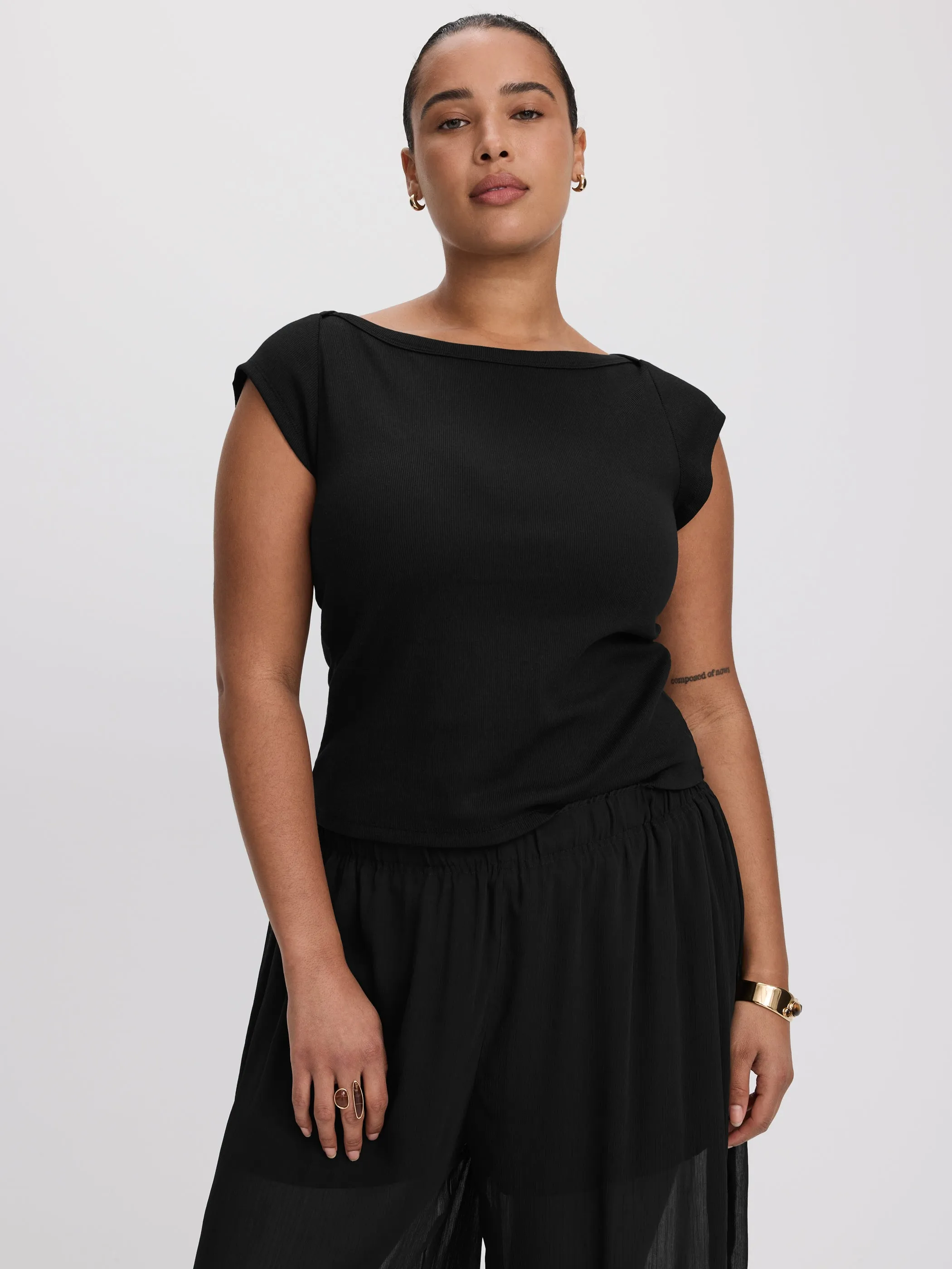 Extended-Sleeve Boat-Neck Ribbed Top sold by Reitmans