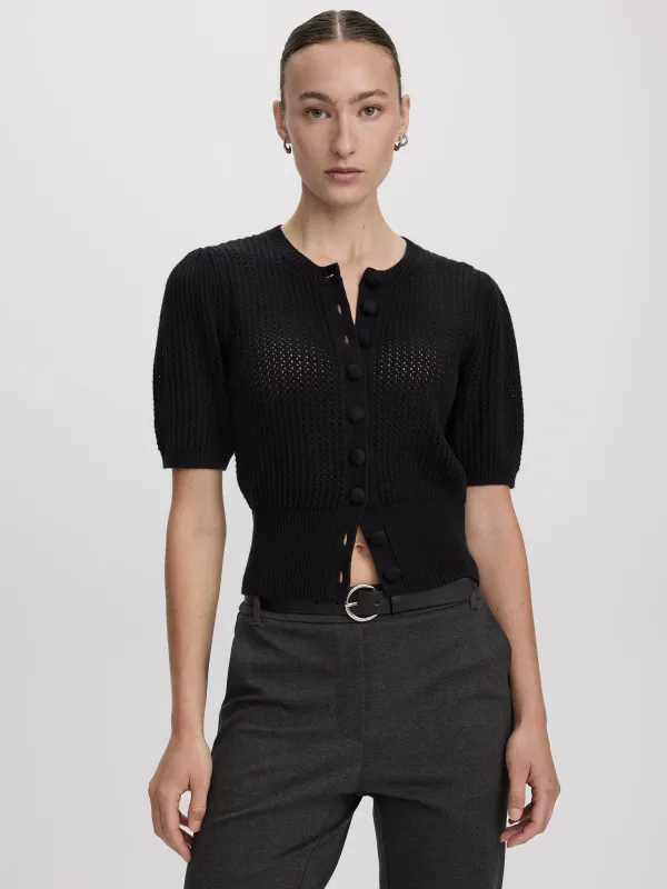 Short-Sleeve Crew-Neck Cardigan with Pointelle Stitches made by Reitmans