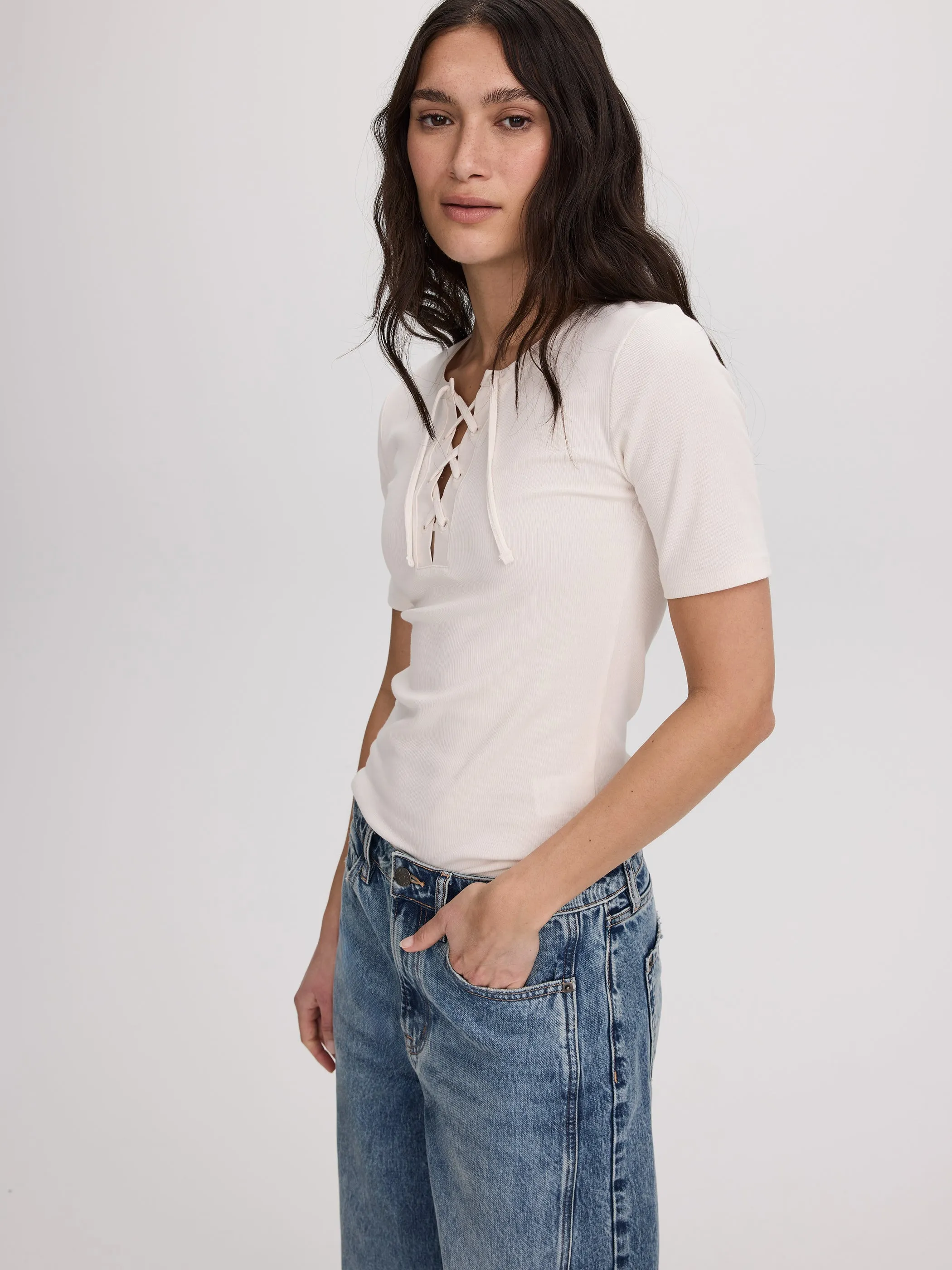 Short-Sleeve Top with Lace-Up Split Neckline sold by Reitmans product image thumbnail 4