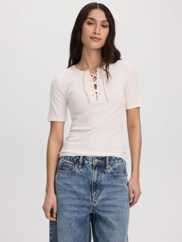 Short-Sleeve Top with Lace-Up Split Neckline made by Reitmans