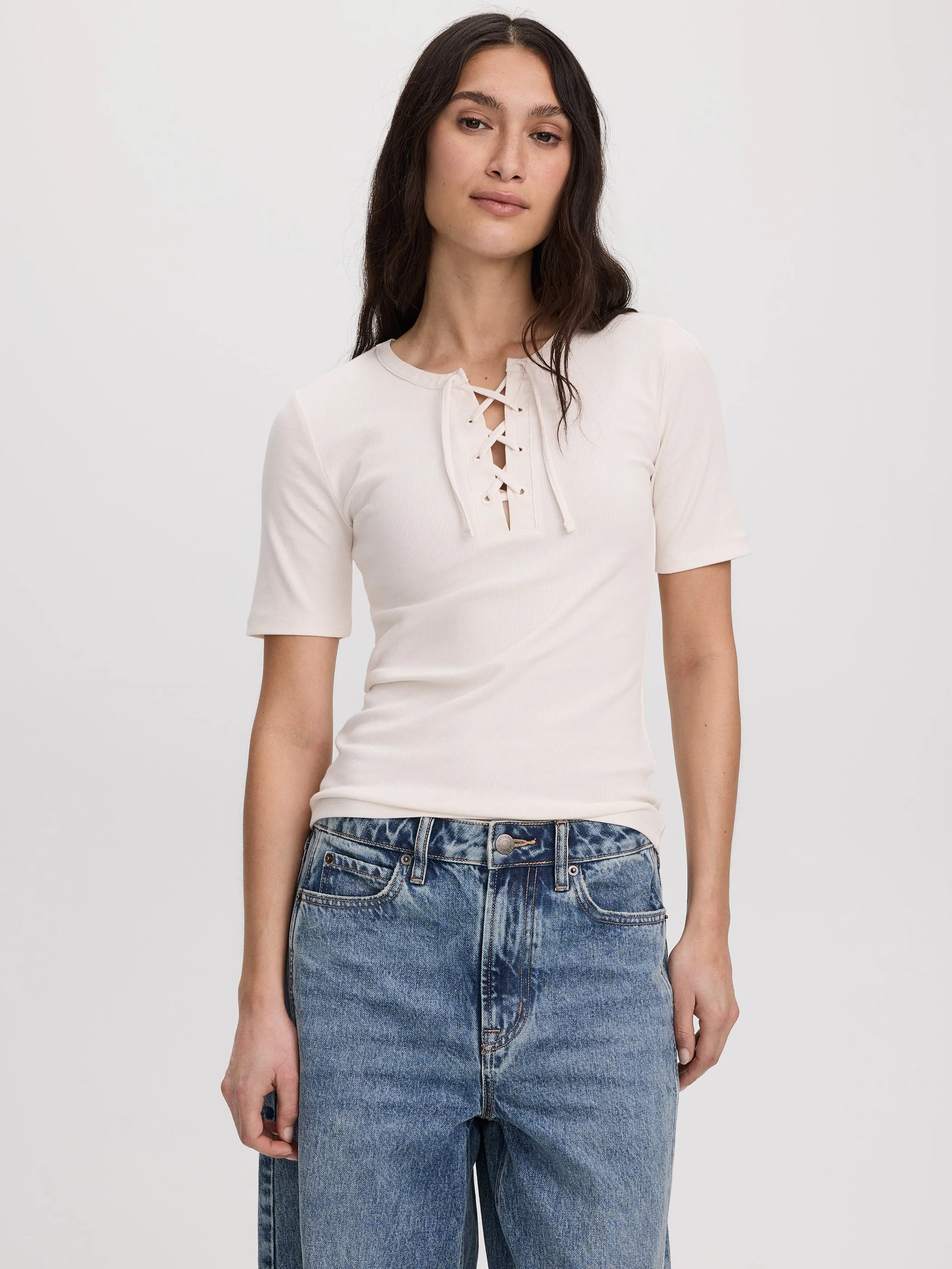 Short-Sleeve Top with Lace-Up Split Neckline sold by Reitmans