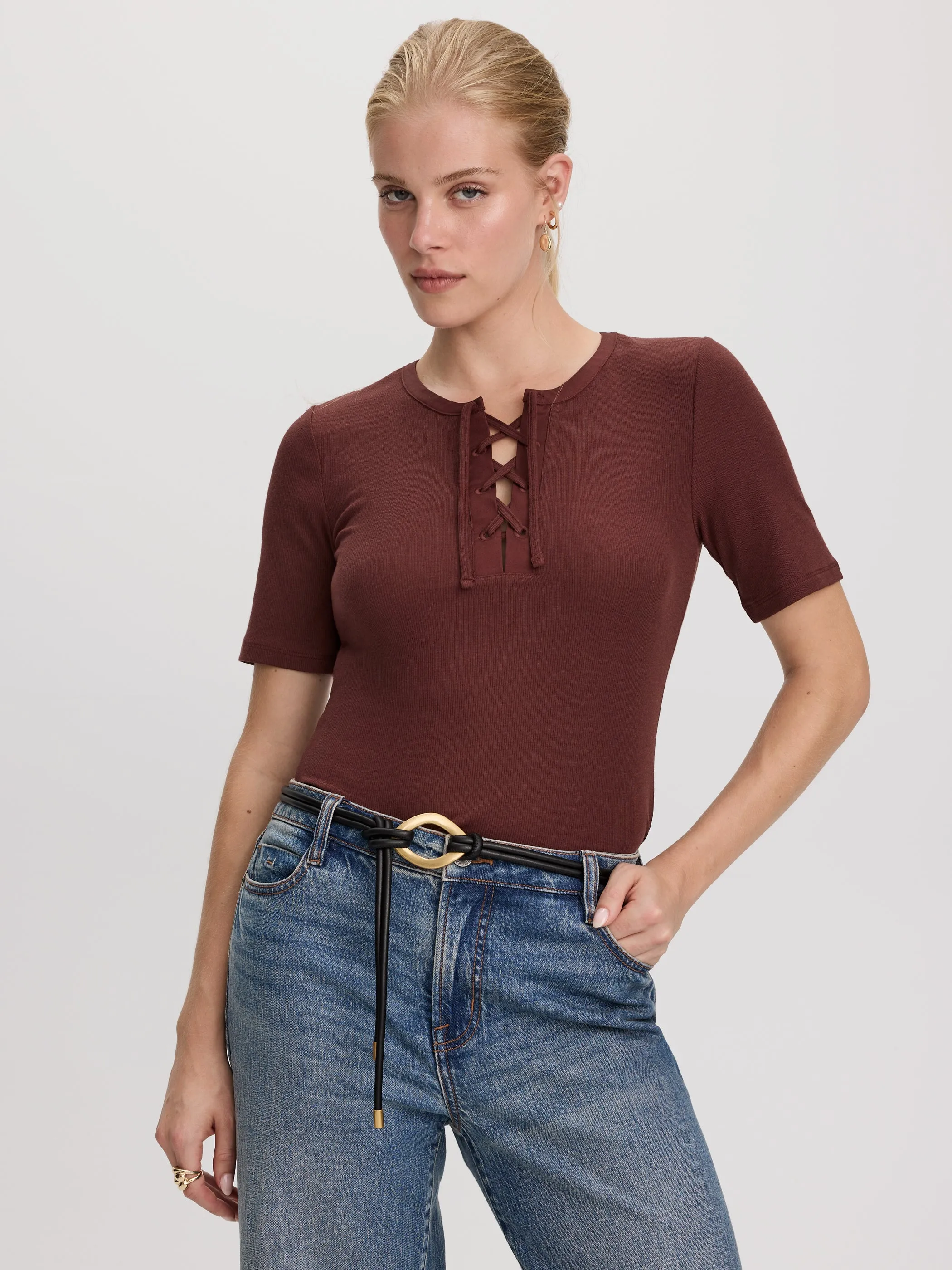 Short-Sleeve Top with Lace-Up Split Neckline sold by Reitmans product image thumbnail 5