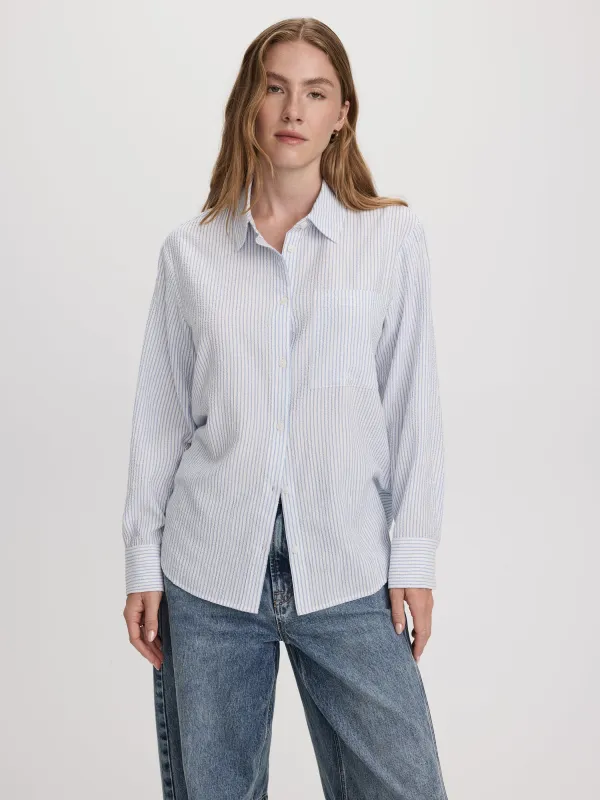Striped Long-Sleeve Buttoned-Down Seersucker Blouse made by Reitmans