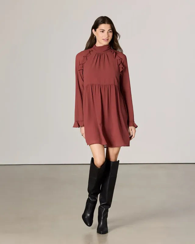 Chiffon Long-Sleeve Mock-Neck Mini Dress with Ruffles made by Reitmans