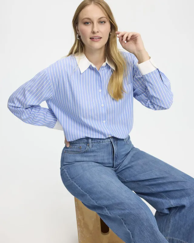 Striped Long-Sleeve Buttoned-Down Blouse with Chest Pocket sold by Reitmans