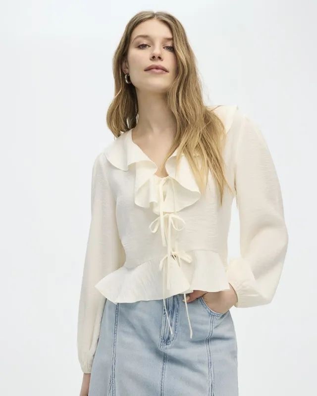 Long-Sleeve V-Neck Blouse with Ruffled Details sold by Reitmans