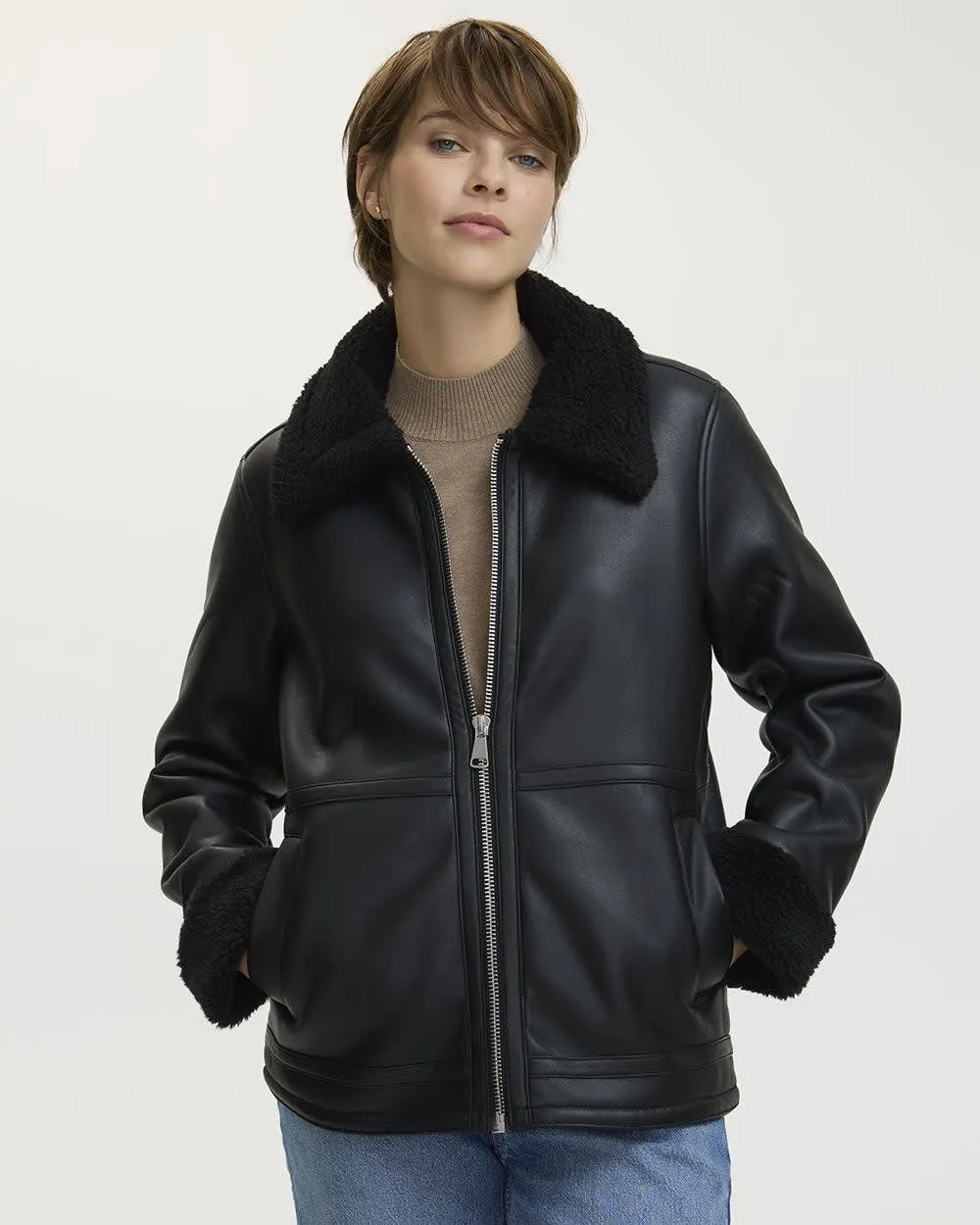 Faux Leather Jacket with Shearling Lining sold by Reitmans