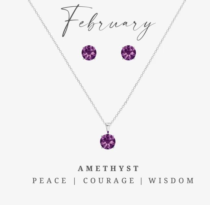 Silvertone February Amethyst Birthstone CZ Earring & Necklace Set sold by Reitmans