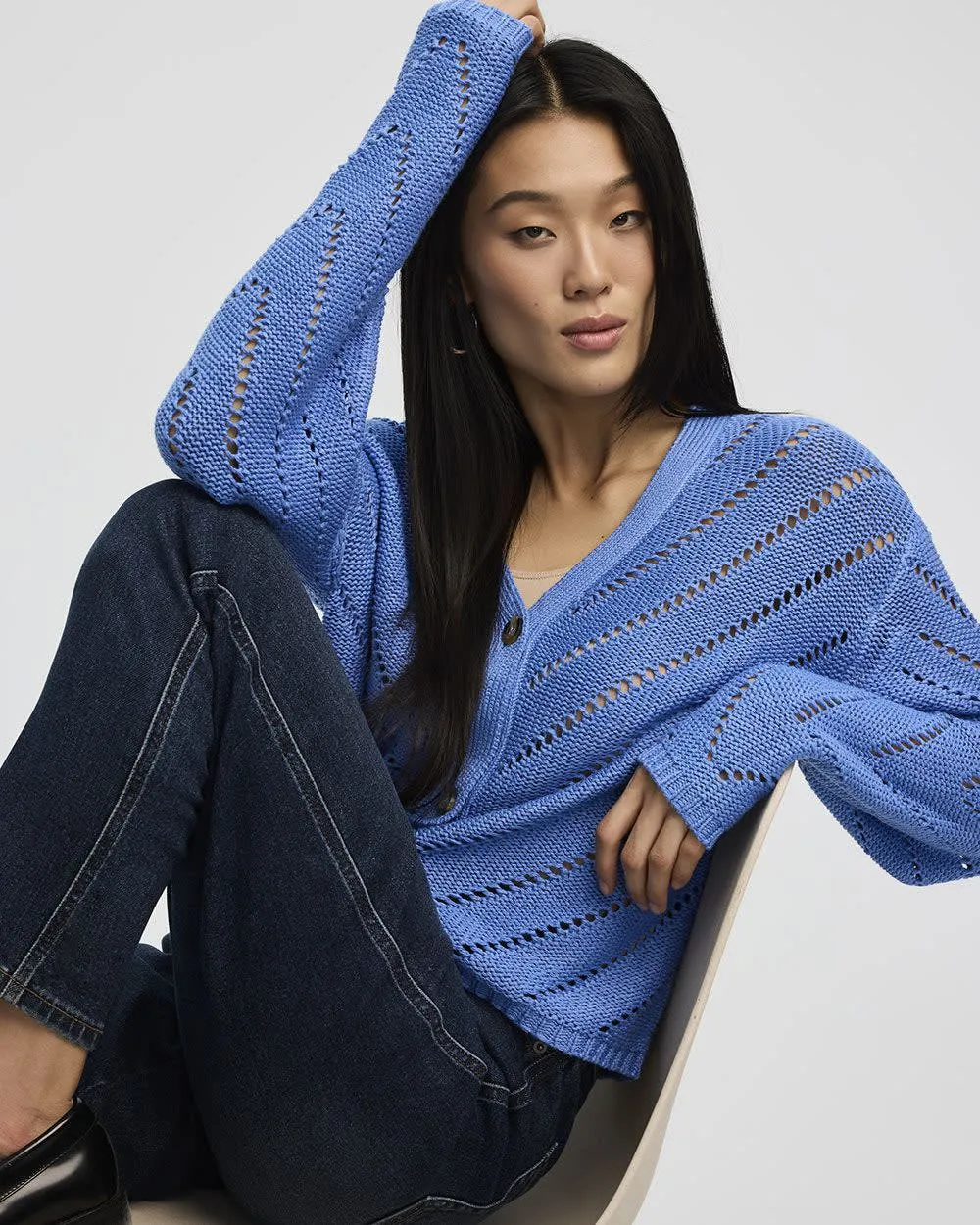Long-Sleeve V-Neck Cardigan with Pointelle Stitches sold by Reitmans