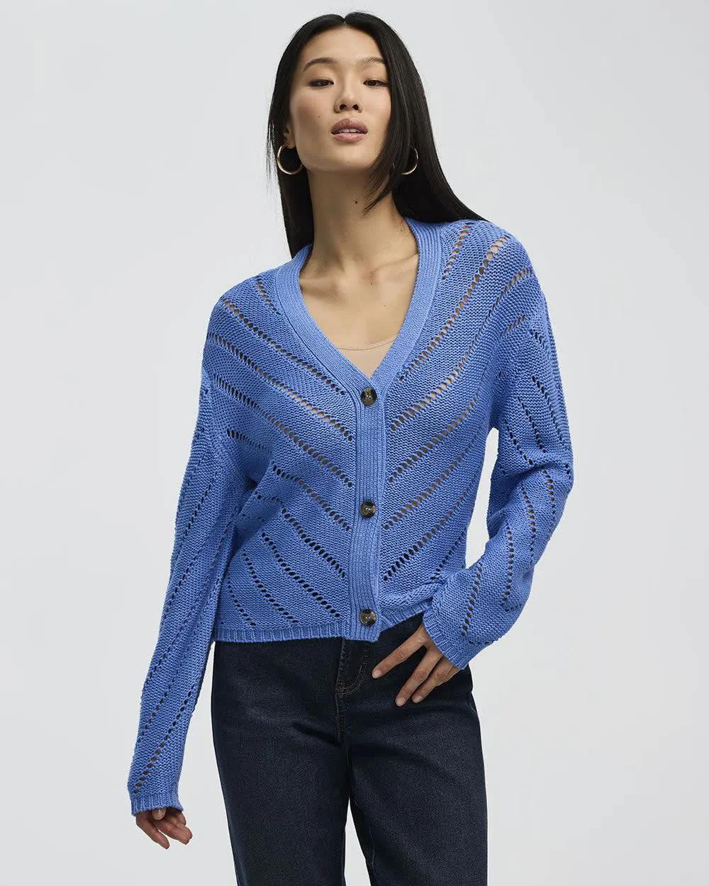 Long-Sleeve V-Neck Cardigan with Pointelle Stitches sold by Reitmans product image thumbnail 3