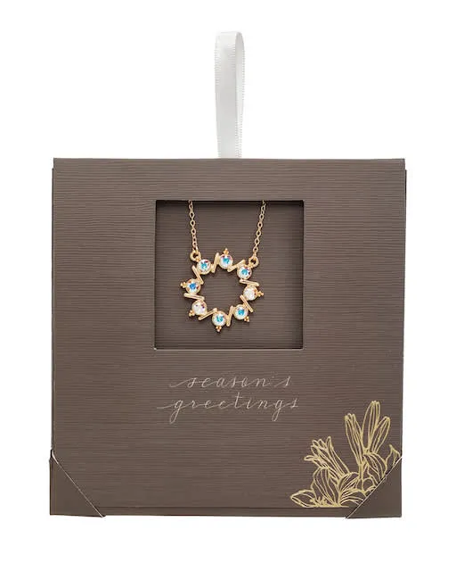 Holiday Gift Evenlope with Goldtone & Aurora Borealis Crystal Wreath Pendant Necklace - callura sold by Reitmans