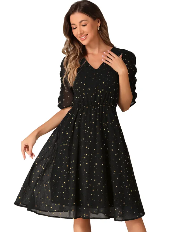 Allegra K - Stars Printed Ruched Sleeve A-line Dress sold by Reitmans