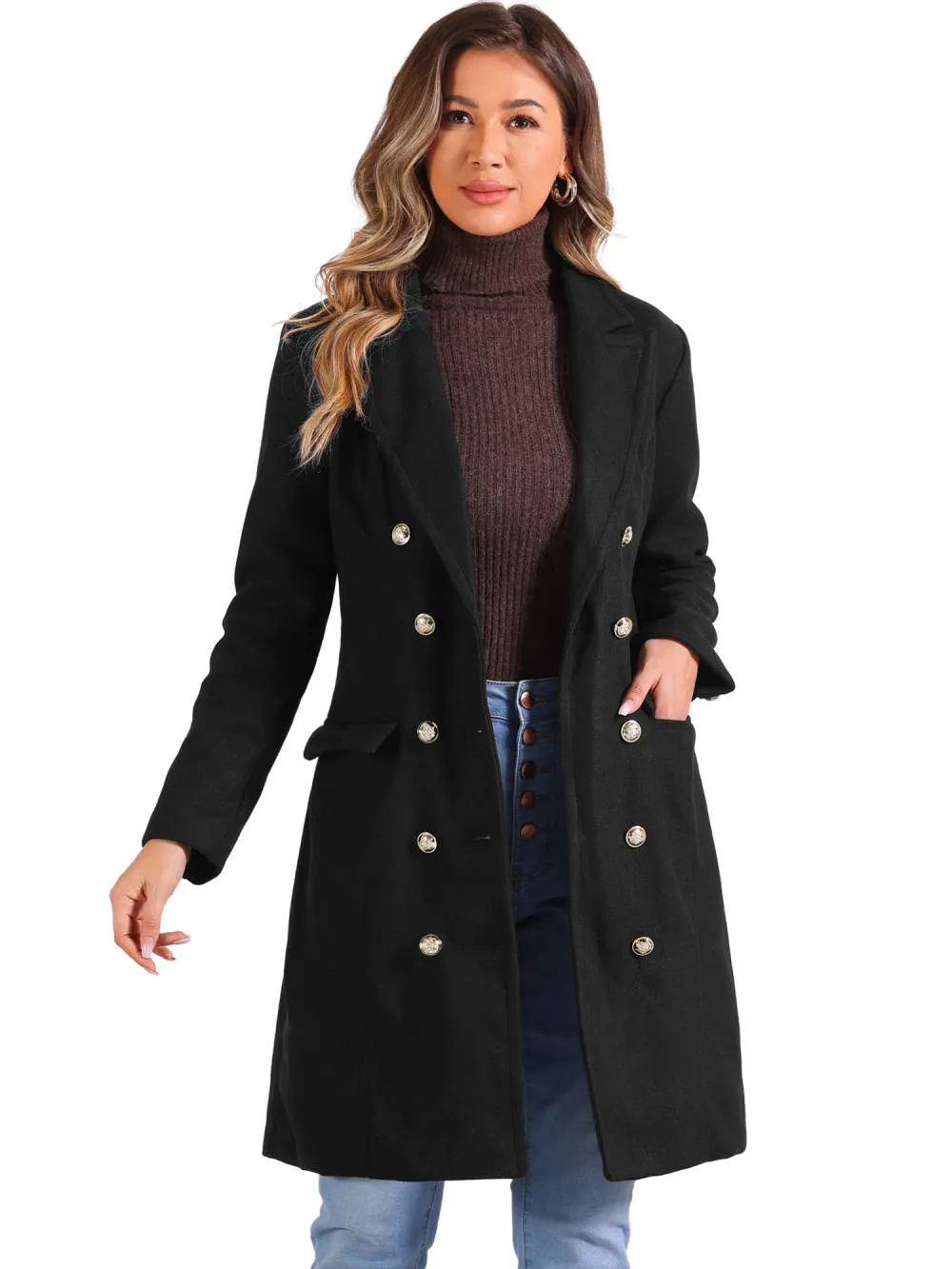 Allegra K - Notched Lapel Double Breasted Long Pea Coat sold by Reitmans