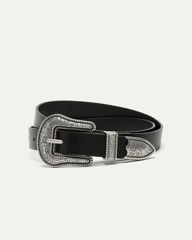 Faux Leather Belt with Western Buckle sold by Reitmans