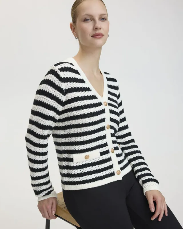 Long-Sleeve V-Neck Buttoned-Down Striped Cardigan sold by Reitmans
