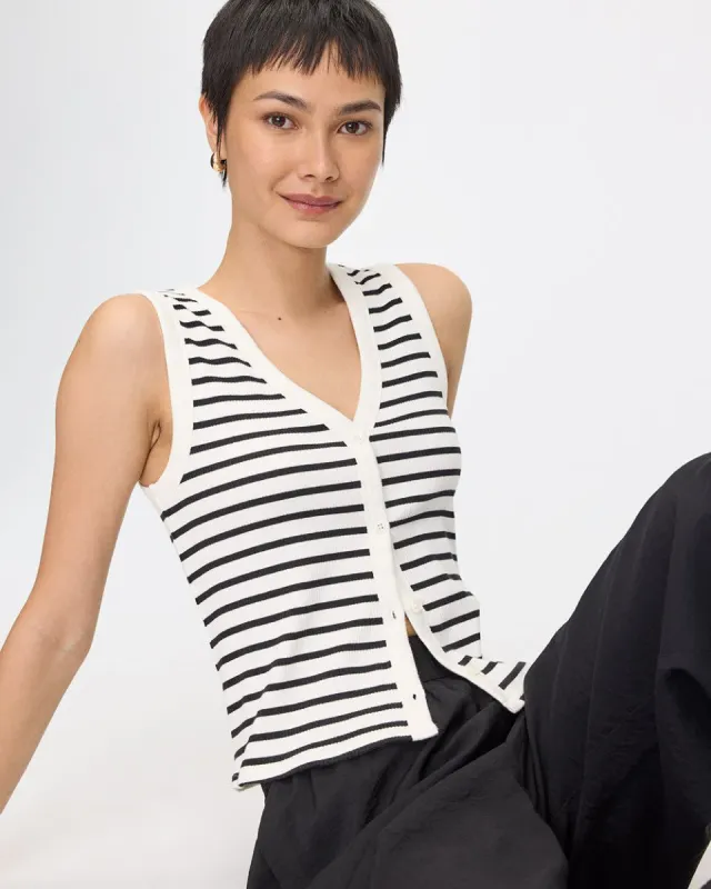 Striped Buttoned-Down V-Neck Tank sold by Reitmans