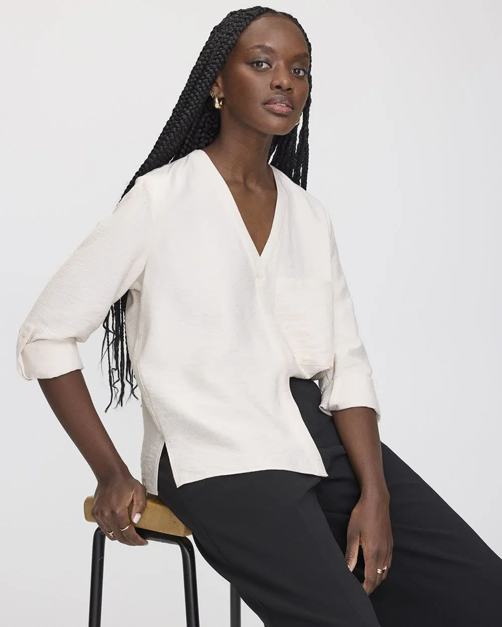 Long-Sleeve V-Neck Blouse with Chest Pocket sold by Reitmans product image thumbnail 3