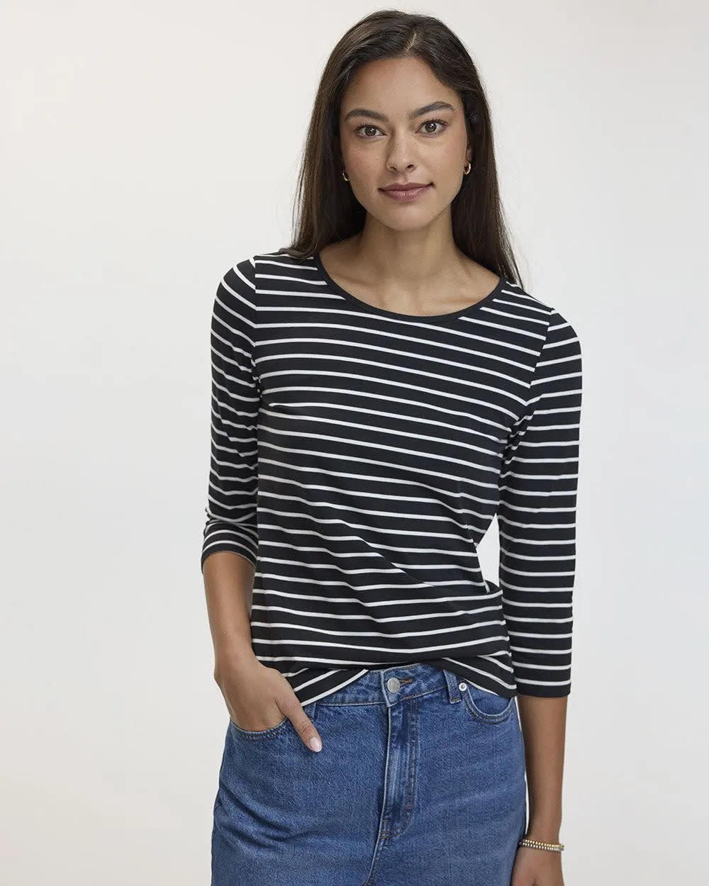 Striped 3/4-Sleeve Scoop-Neck Cotton Tee sold by Reitmans product image thumbnail 3