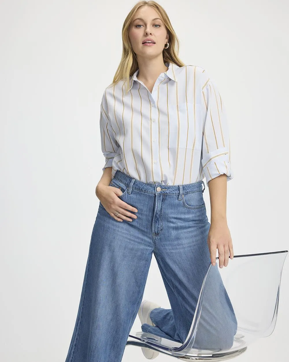 Striped Long-Sleeve Buttoned-Down Blouse with Chest Pocket sold by Reitmans product image thumbnail 3