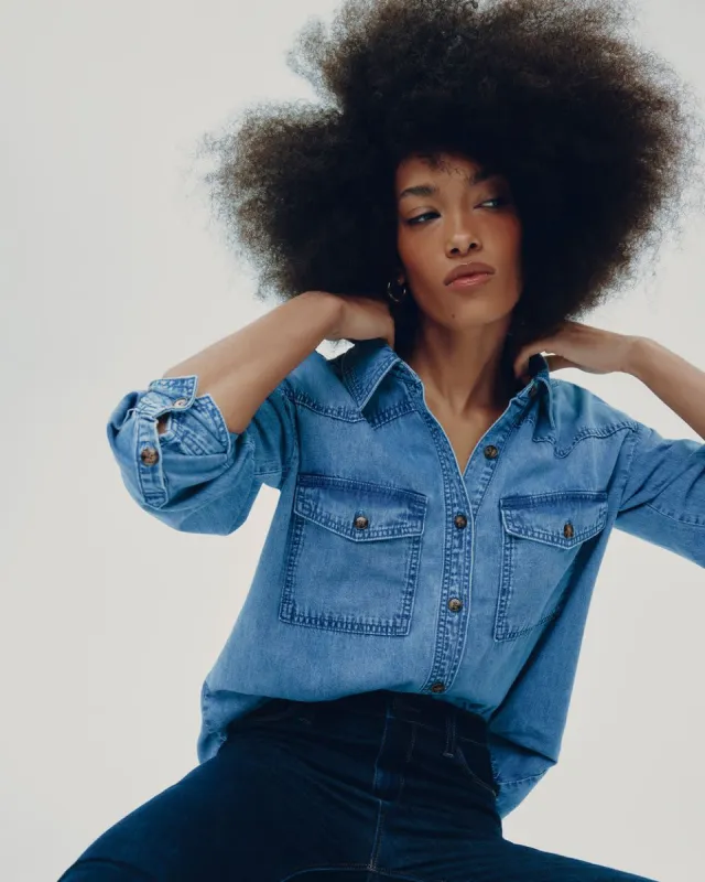 Long-Sleeve Denim Shirt with Utility Pockets sold by Reitmans