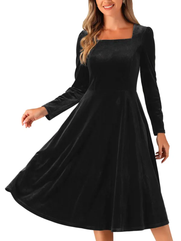 Allegra K - Square Neck Velvet Puff Sleeve Dress sold by Reitmans