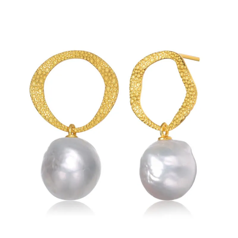 Genevive Sterling Silver 14k Yellow Gold Plated with Genuine Freshwater Button Pearl Drop Earrings sold by Reitmans