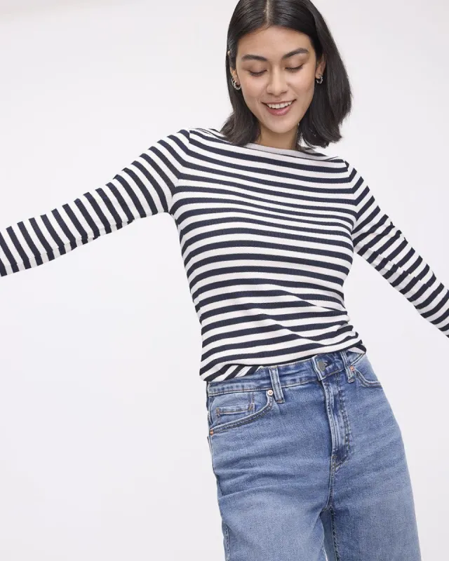 Striped Long-Sleeve Boat-Neck Ribbed Top sold by Reitmans