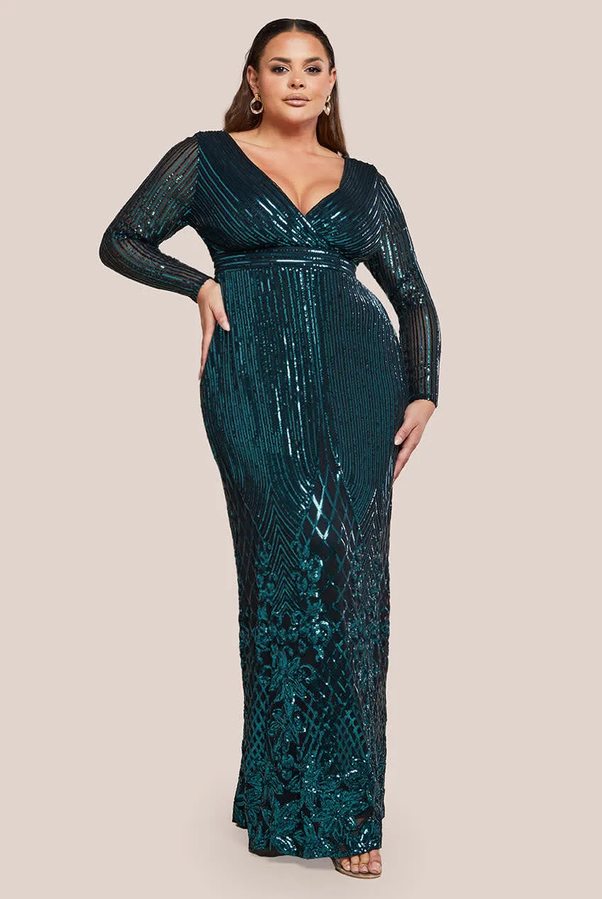 Goddiva - Long Sleeve Sequin V Wrap Maxi Dress - Plus size sold by Reitmans