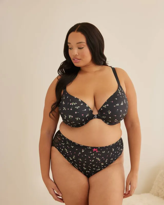 Printed Microfibre Front-Closure Plunge Bra with Lace Back - Déesse Collection sold by Reitmans