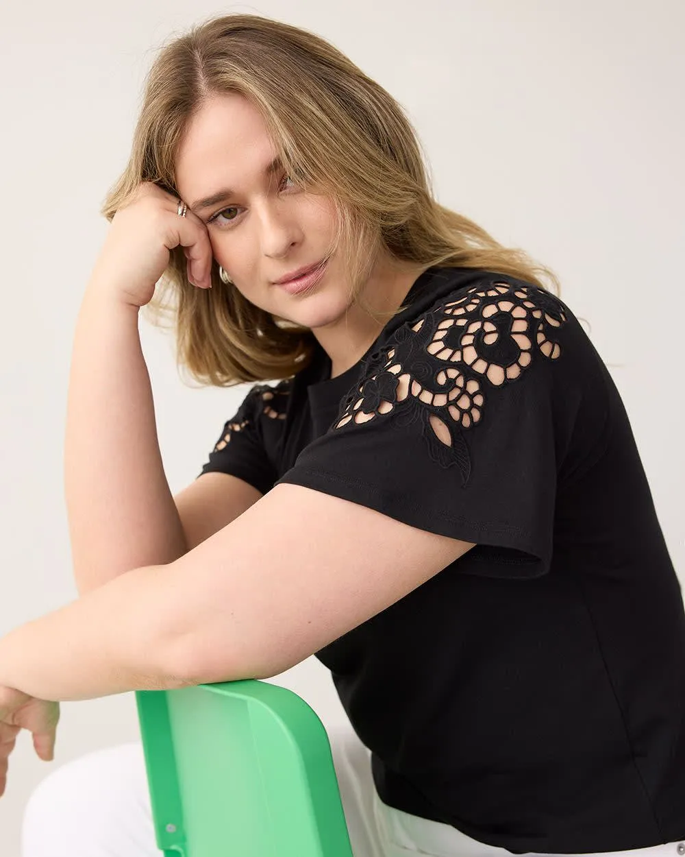 Short-Sleeve Eyelet Top with Crew Neckline sold by Reitmans