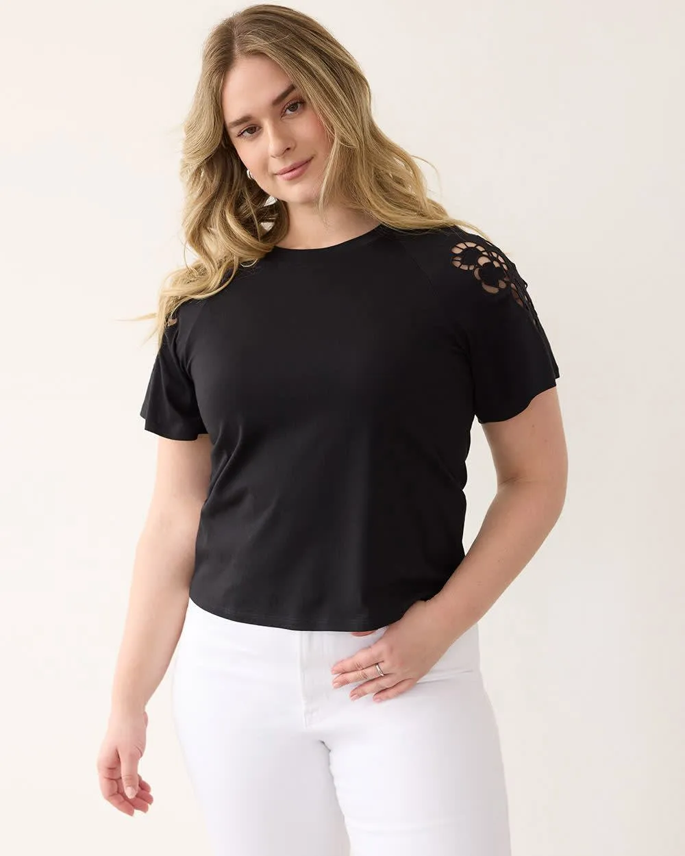Short-Sleeve Eyelet Top with Crew Neckline sold by Reitmans product image thumbnail 3