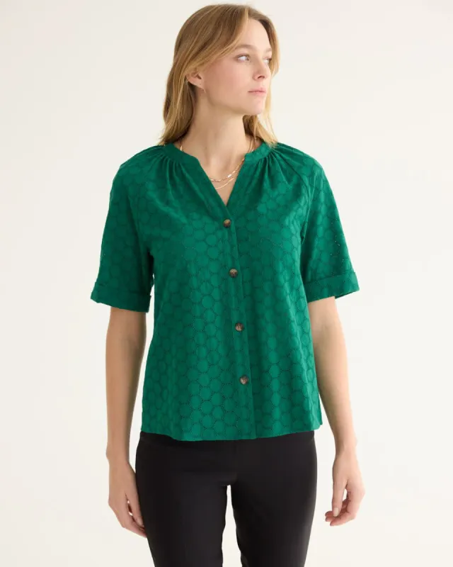 Short-Sleeve Buttoned-Down Eyelet Blouse with Split Neckline sold by Reitmans