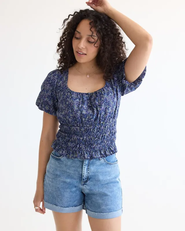 Cropped Short-Sleeve Blouse with Smocked Hem sold by Reitmans
