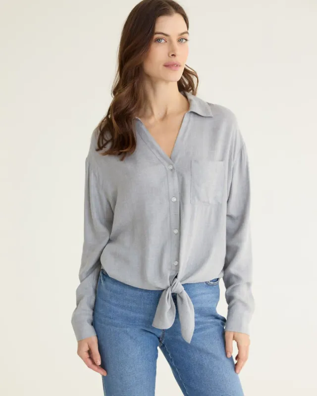 Long-Sleeve Buttoned-Down Blouse with Self-Tie at Hem sold by Reitmans